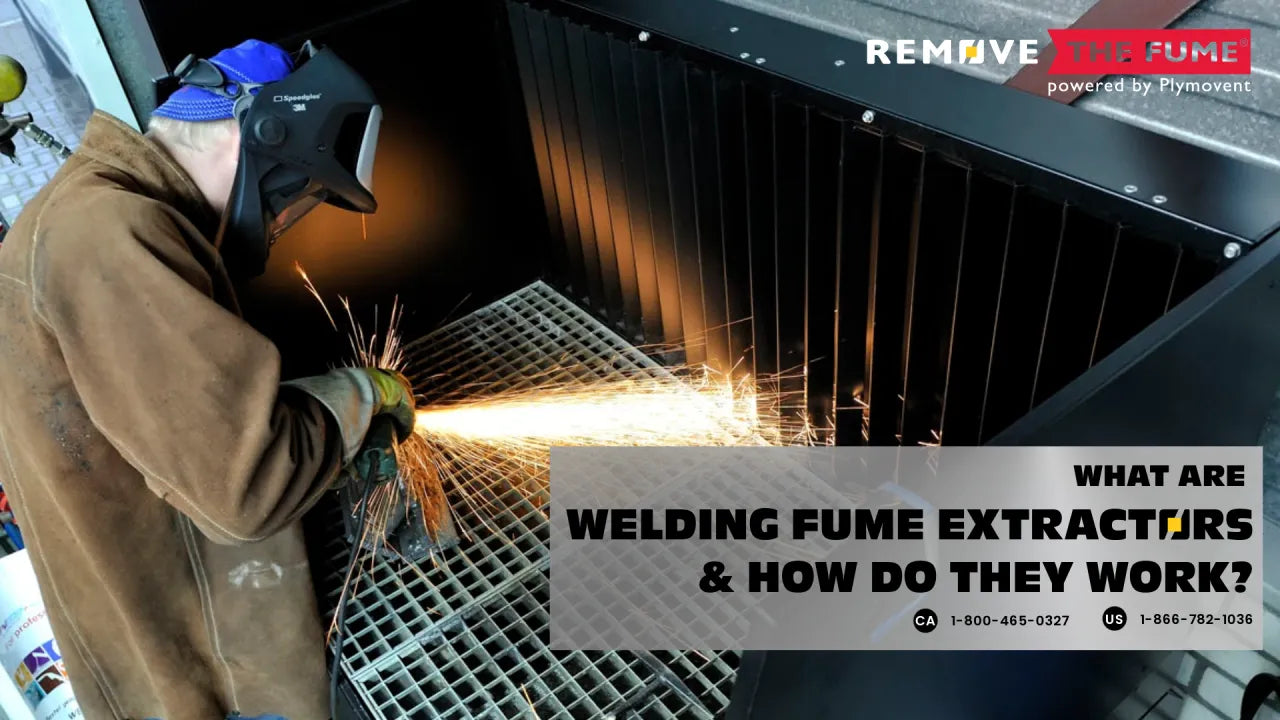 a welder welding on Remove The Fume's Downdraft table with the text "WHAT ARE WELDING FUME EXTRACTORS & HOW DO THEY WORK?"