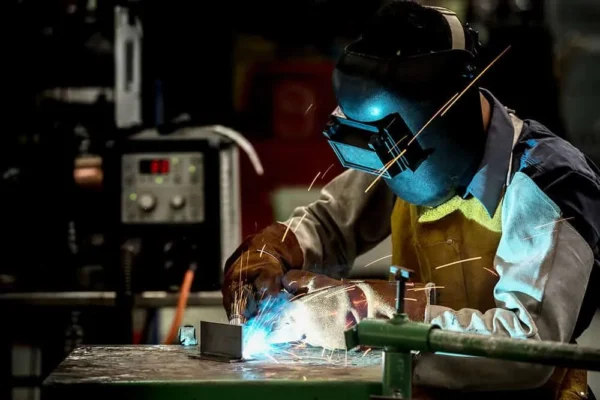 A man welding with a black protective mask on while ther eare harmful sparks and fumes being generated.