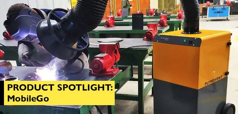 A man welding with a protective mask on a while yellow Remove The Fume fume extractor arm is inhaling all the harmful fume away with text over the image saying "Product Spotlight: MobileGo".