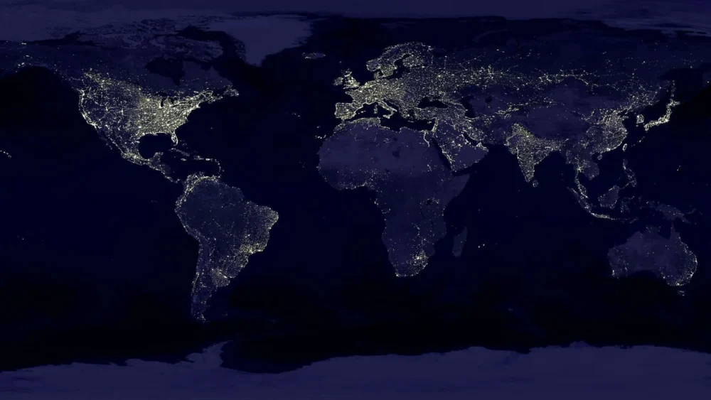 map of the world with city lights on