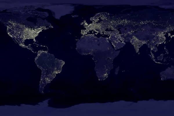 map of the world with city lights on