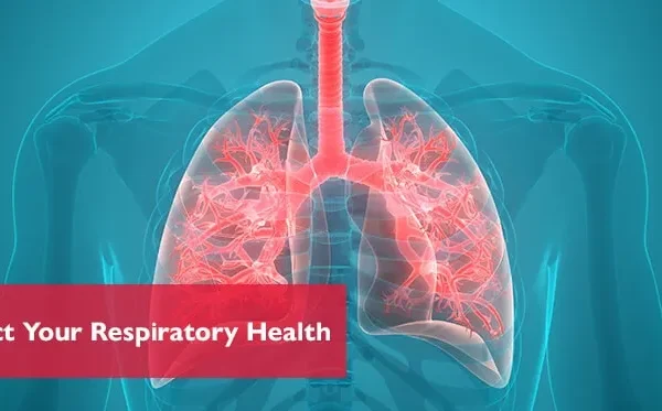 Banner showing the skeletal system as well as the respiratory system with text "Protect Your Respiratory Health"