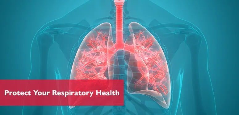 Banner showing the skeletal system as well as the respiratory system with text "Protect Your Respiratory Health"