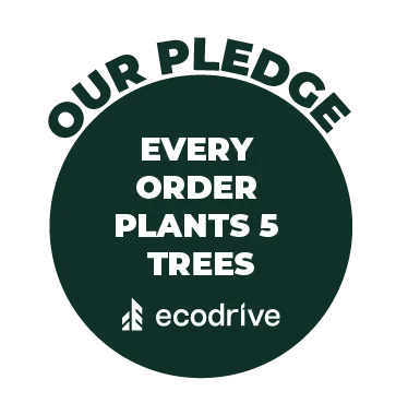 a black circle with the text "EVERY ORDER PLANTS 5 TREES" and a logo of EcoDrive below the text