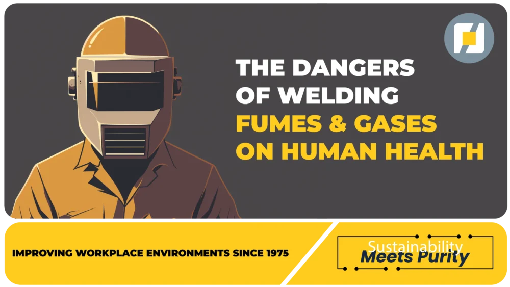 An animated image of a welder with his welding mask on. The text on the image reads THE DANGERS OF WELDING FUMES AND GASES ON HUMAN HEALTH.