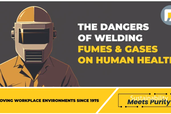 An animated image of a welder with his welding mask on. The text on the image reads THE DANGERS OF WELDING FUMES AND GASES ON HUMAN HEALTH.