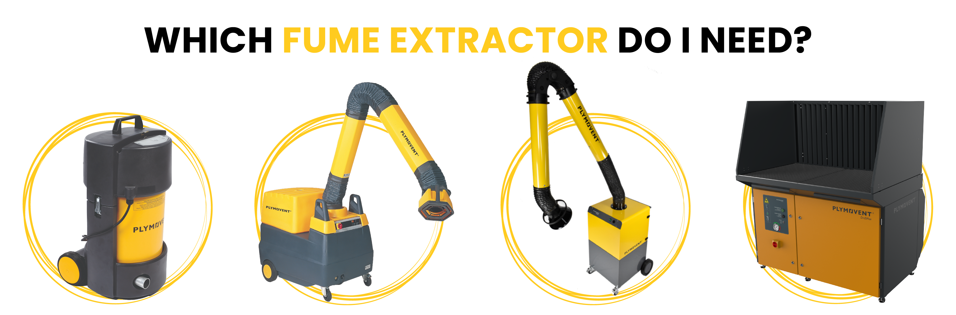 a home page banner with four Plymovent products and text "Which Fume Extractor Do I Need?"