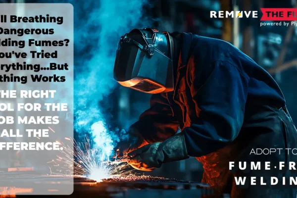 A promotional image from Plymovent. The image shows a welder in a workshop, with bright sparks and blue smoke from the welding process. A transparent white text box on the left reads: "Still Breathing Dangerous Welding Fumes? You've Tried Everything...But Nothing Works. THE RIGHT TOOL FOR THE JOB MAKES ALL THE DIFFERENCE." In the bottom right corner, the text says: "ADOPT TO FUME-FREE WELDING." The Remove The Fume logo is at the top right.