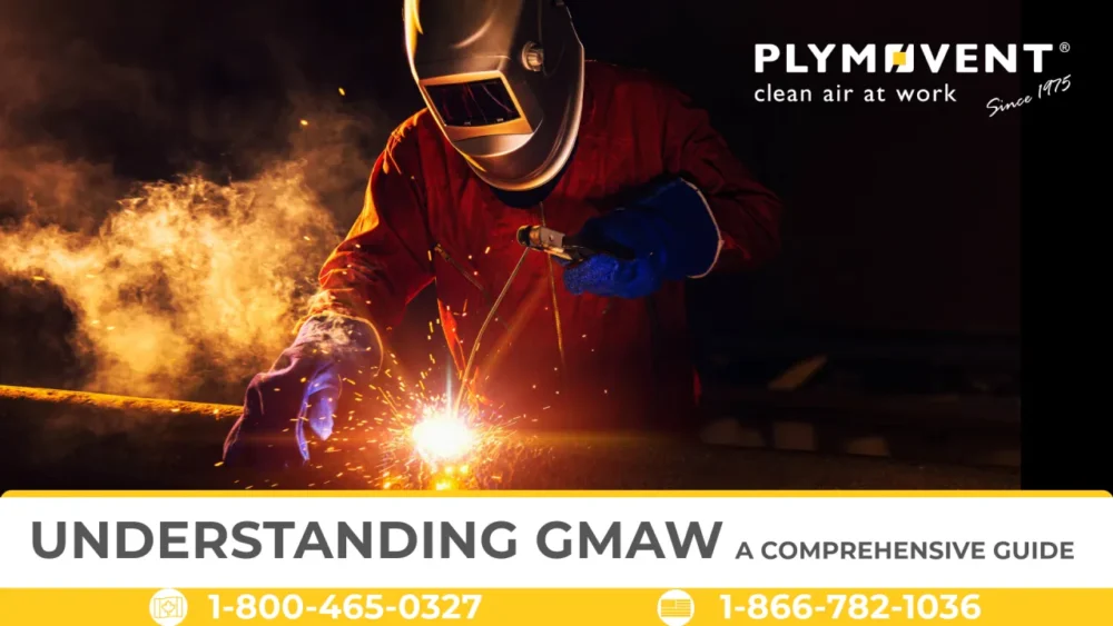A promotional image from Remove The Fume. The image features a welder in an orange jumpsuit and protective gear, actively welding with bright sparks flying. The title "UNDERSTANDING GMAW A COMPREHENSIVE GUIDE" is displayed in a yellow banner at the bottom of the image. The banner also contains two phone numbers. The Remove The Fume logo is visible in the top right corner.