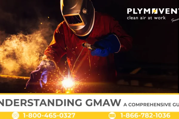 A promotional image from Remove The Fume. The image features a welder in an orange jumpsuit and protective gear, actively welding with bright sparks flying. The title "UNDERSTANDING GMAW A COMPREHENSIVE GUIDE" is displayed in a yellow banner at the bottom of the image. The banner also contains two phone numbers. The Remove The Fume logo is visible in the top right corner.