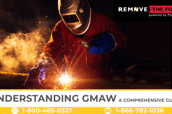 A promotional image from Remove The Fume. The image features a welder in an orange jumpsuit and protective gear, actively welding with bright sparks flying. The title "UNDERSTANDING GMAW A COMPREHENSIVE GUIDE" is displayed in a yellow banner at the bottom of the image. The banner also contains two phone numbers. The Remove The Fume logo is visible in the top right corner.