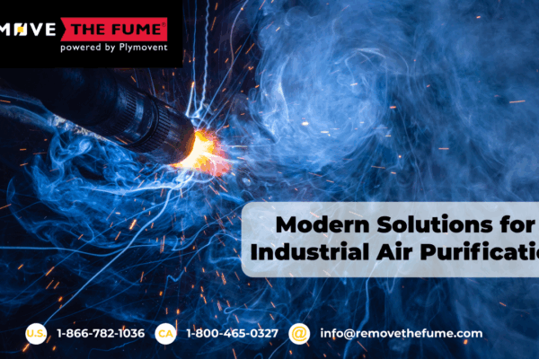 The image shows welding fumes being generated while the text over the image shows "Modern Solutions for Industrial Air Purification".