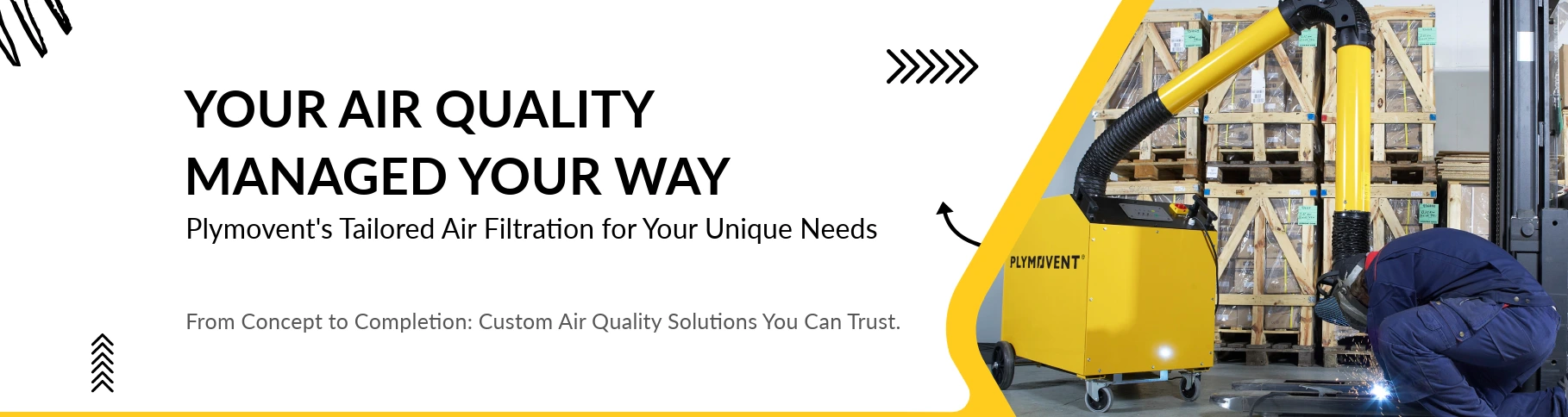 Website banner in which a man is welding with a protective mask on a while yellow Remove The Fume fume extractor arm is inhaling all the harmful fume away.